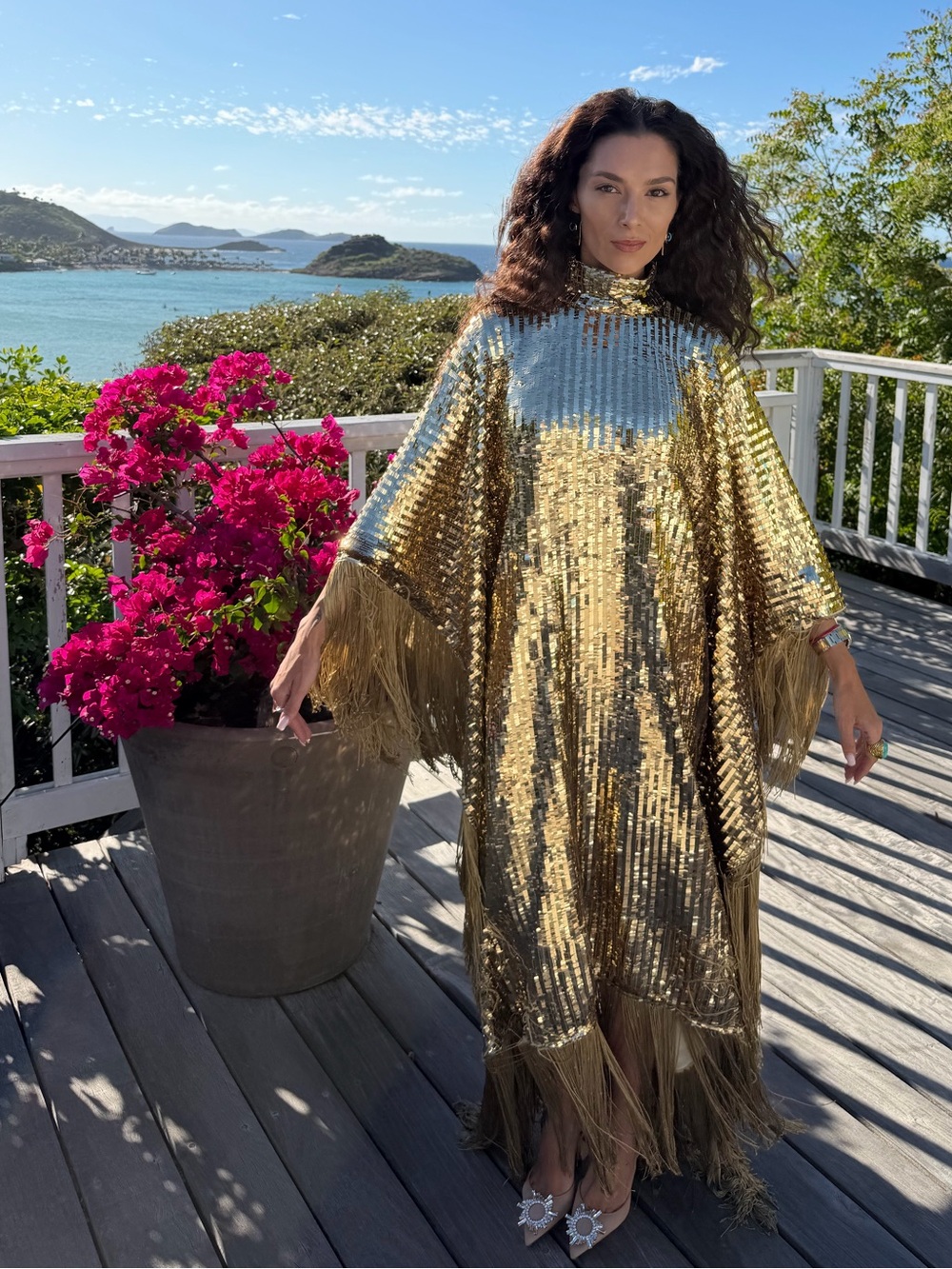 Taller Marmo Gold Sequin Midi Dress with Fringe